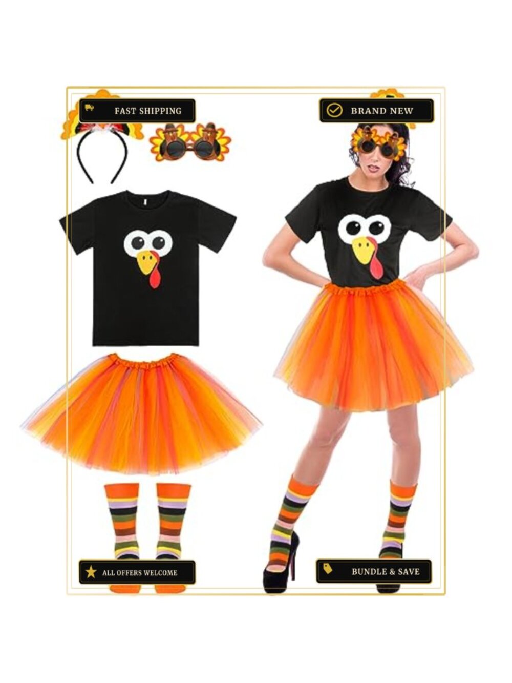 5 Pc Thanksgiving Turkey Costume Set Women Tee Tutu Headband